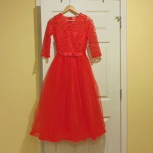 Red lace dress with tulle